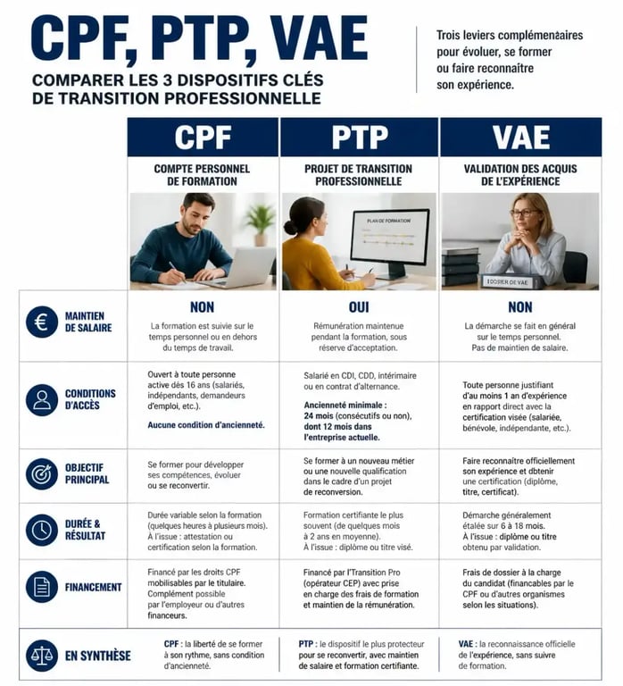 Tableau comparatif des dispositifs de reconversion professionnelle en CDI