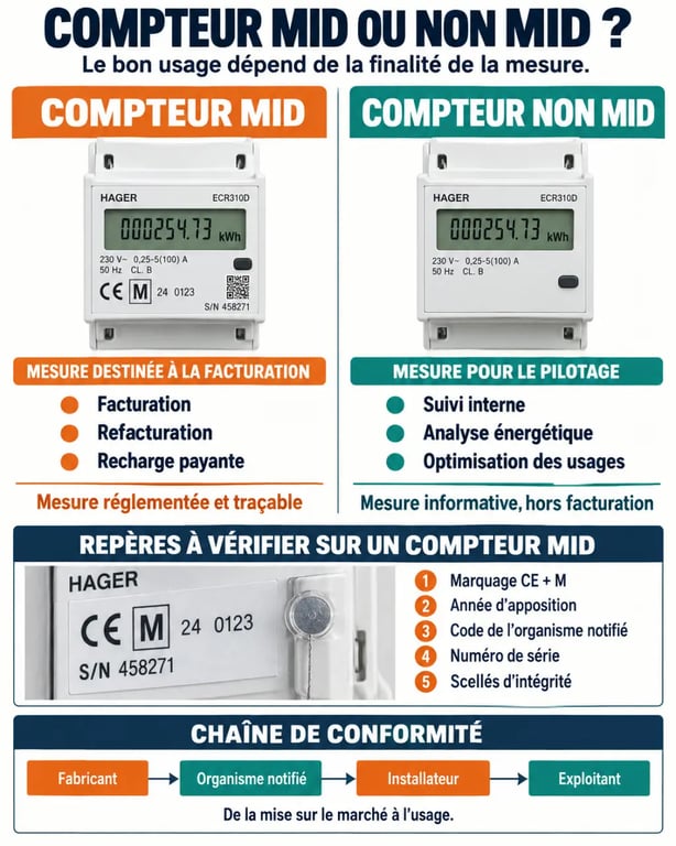Infographie sur la certification MID d’un compteur électrique et la différence avec un compteur non MID