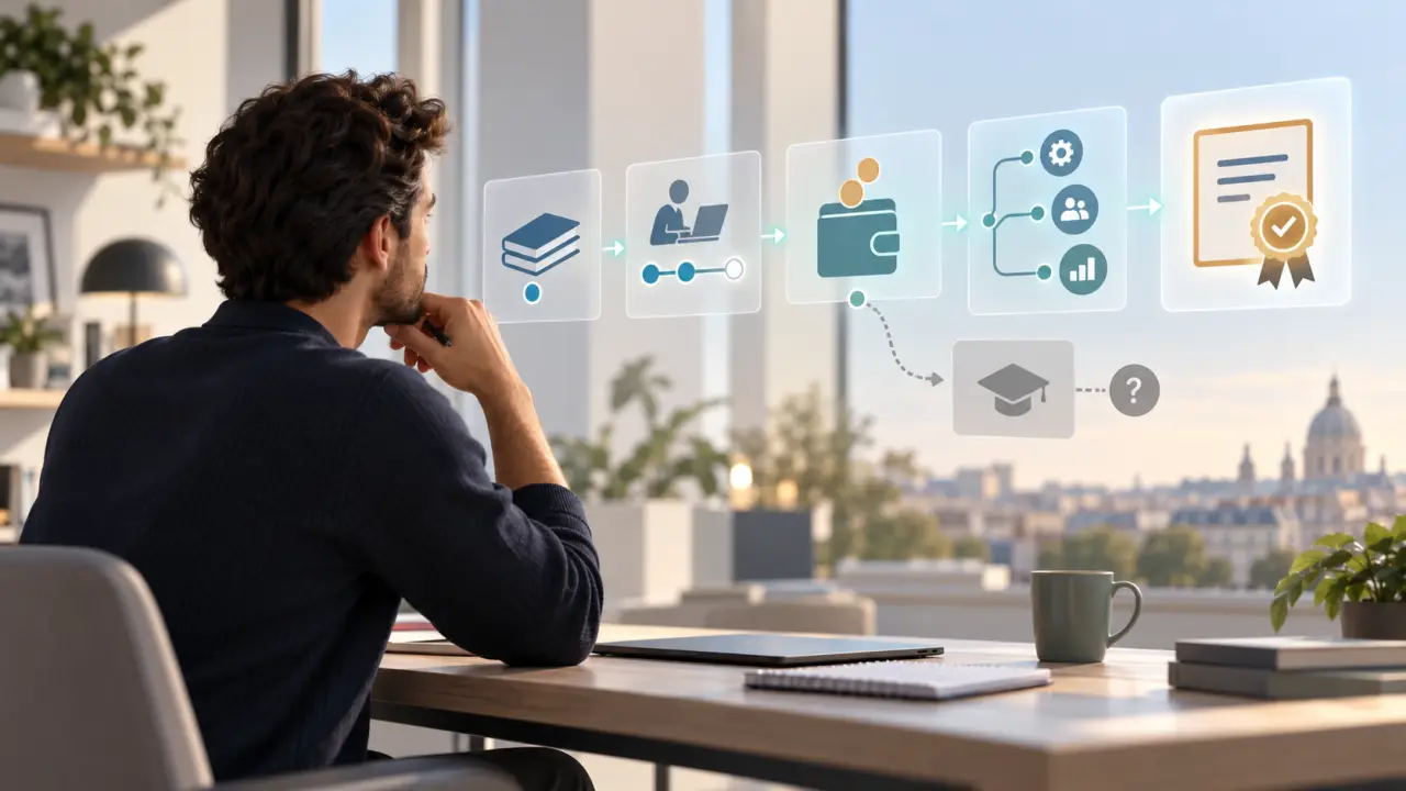 Blocs de compétences assemblés pour symboliser un parcours de certification professionnelle