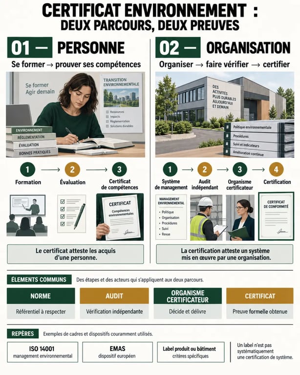 Infographie sur le certificat environnement et la certification d’une organisation