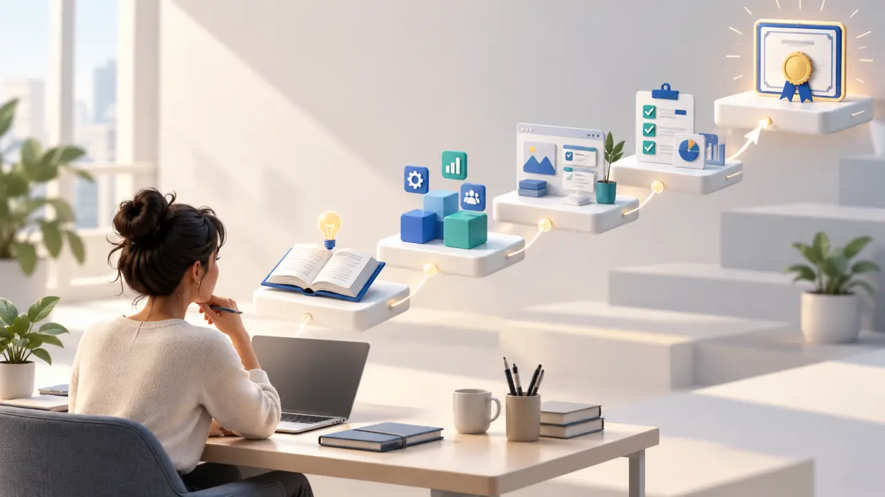 Blocs colorés formant une roadmap vers une certification professionnelle