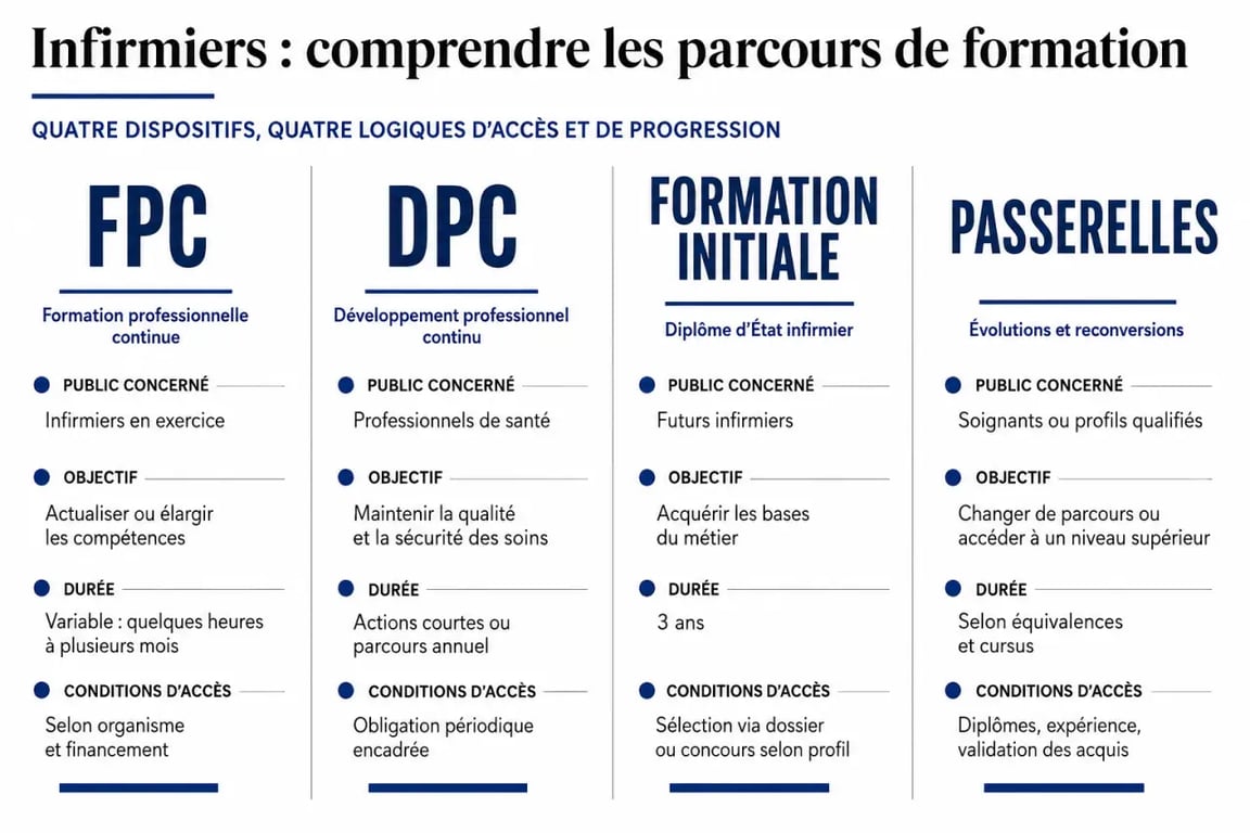 Formation continue des infirmiers : comparaison entre FPC, DPC, formation initiale et passerelles