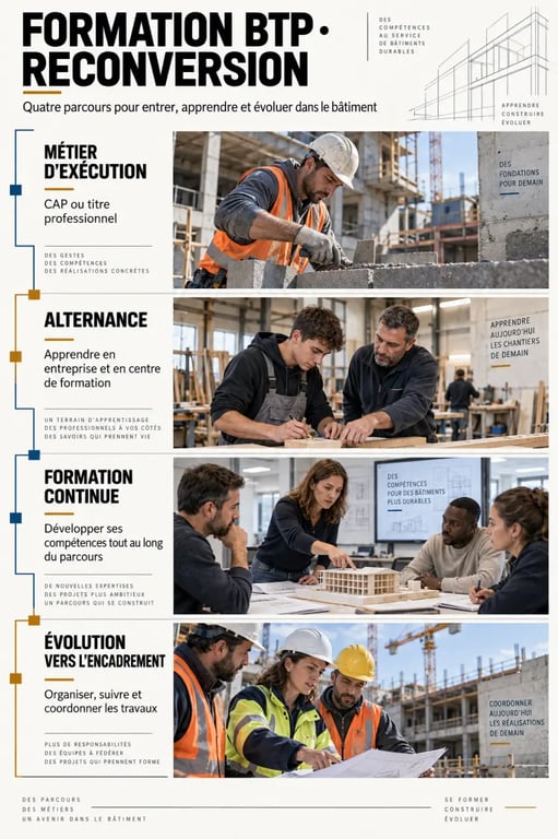 Infographie sur les parcours de formation BTP reconversion et les voies d'accès aux métiers du bâtiment