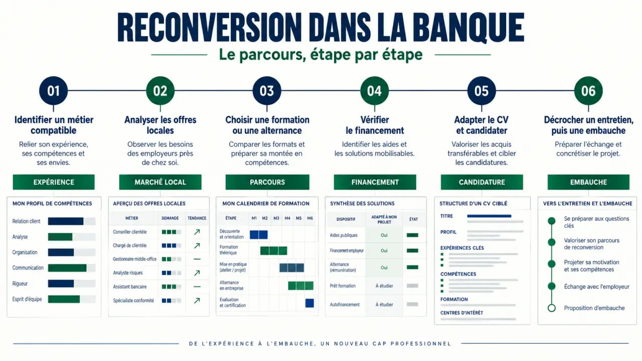 Infographie du parcours de reconversion banque, de la formation à l'embauche