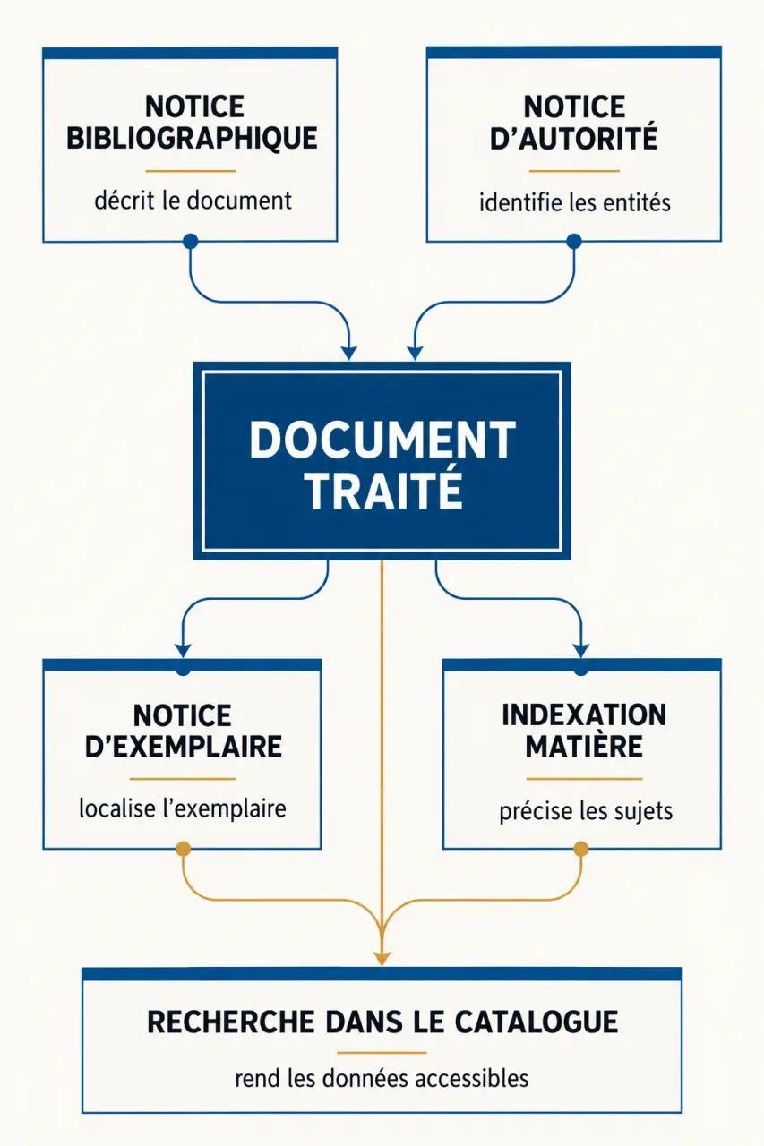 Infographie de formation catalogage reliant document, notice bibliographique, notice d’autorité, exemplaire, indexation et recherche dans le catalogue