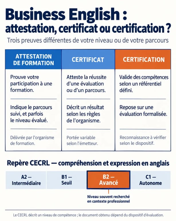 Attestation formation Business English Certified B2C et niveaux CECRL de A2 à C1