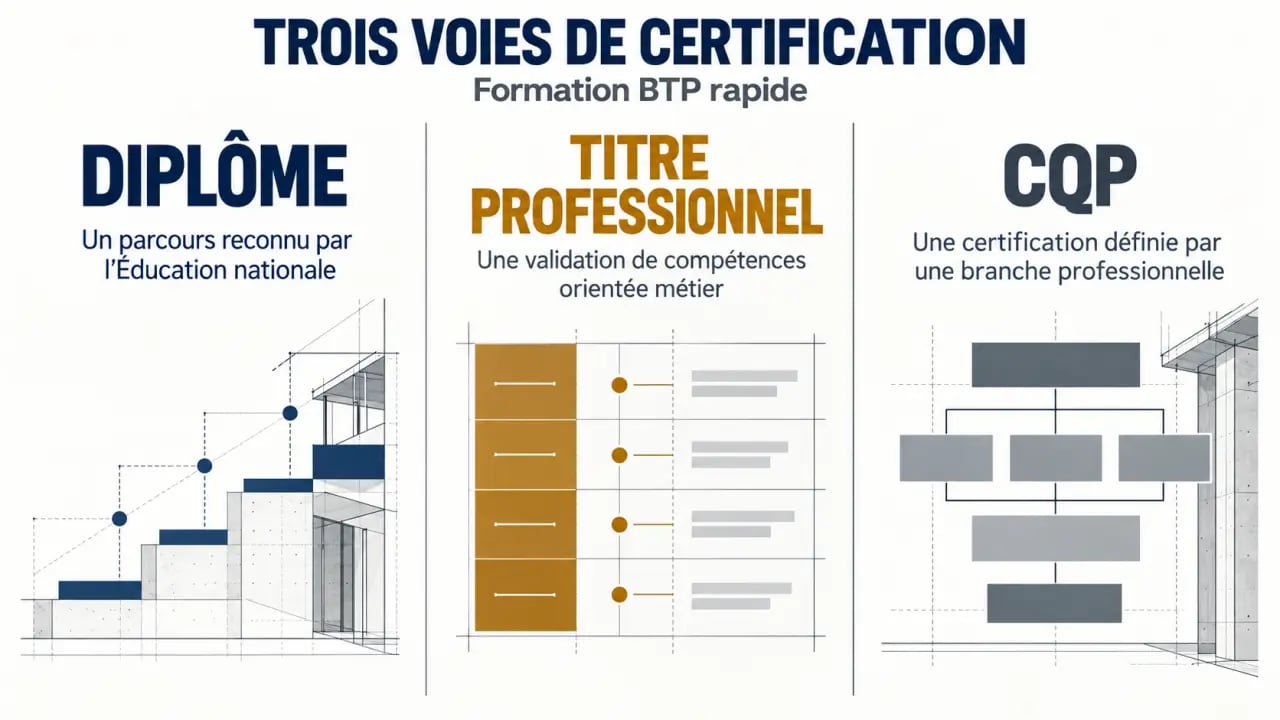 Infographie sur les certifications d’une formation BTP rapide : diplôme, titre professionnel et CQP