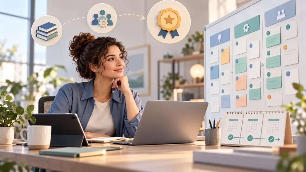 Bureau de travail avec un tableau Scrum et des cartes de tâches