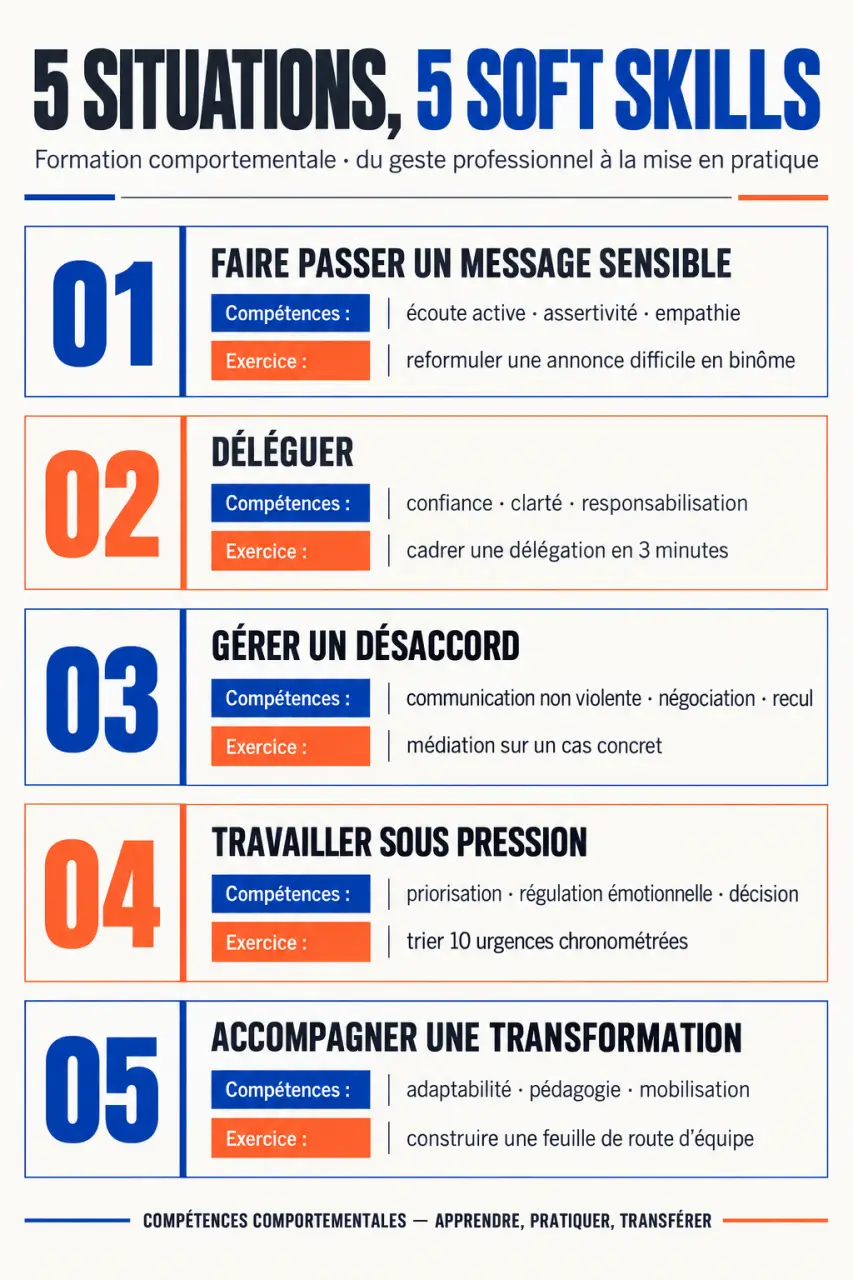 Formation soft skills : infographie des compétences et exercices selon les situations professionnelles