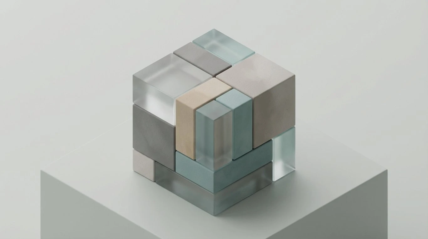 Composition 3D isométrique abstraite montrant des blocs de compétences s'assemblant